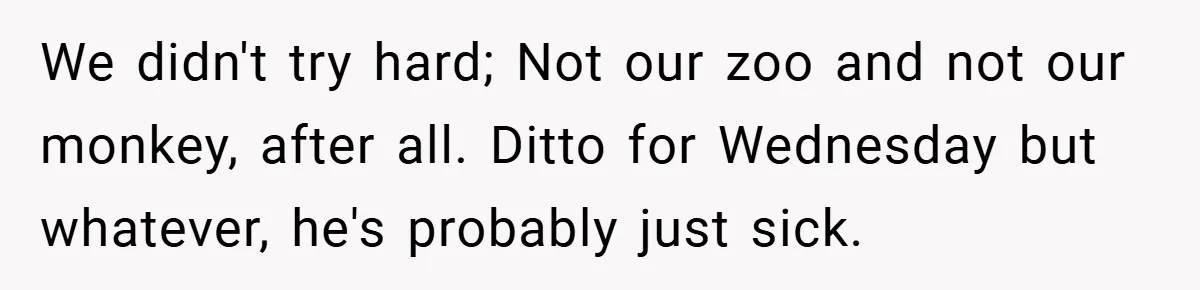We didn't try hard; Not our zoo and not our monkey, after all. Ditto for Wednesday but whatever, he's probably just sick.