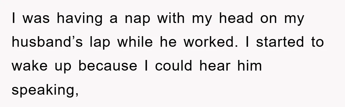 I was having a nap with my head on my husband’s lap while he worked. I started to wake up because I could hear him speaking,