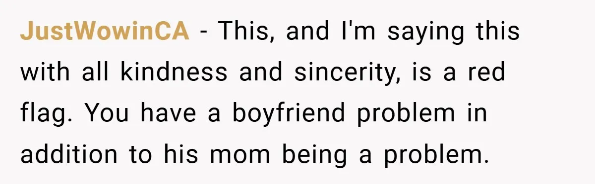 JustWowinCA − This, and I'm saying this with all kindness and sincerity, is a red flag. You have a boyfriend problem in addition to his mom being a problem.