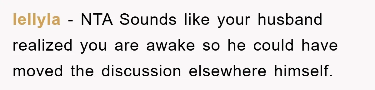 lellyla − NTA Sounds like your husband realized you are awake so he could have moved the discussion elsewhere himself.