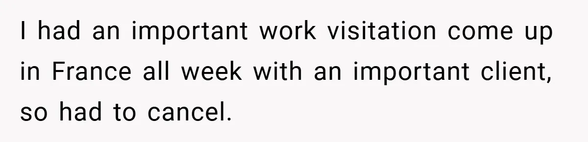 I had an important work visitation come up in France all week with an important client, so had to cancel.
