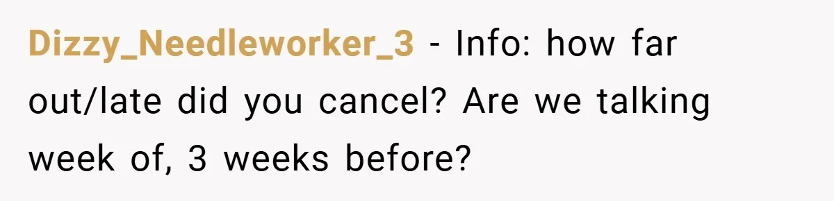 Dizzy_Needleworker_3 − Info: how far out/late did you cancel? Are we talking week of, 3 weeks before?