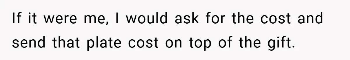 If it were me, I would ask for the cost and send that plate cost on top of the gift.