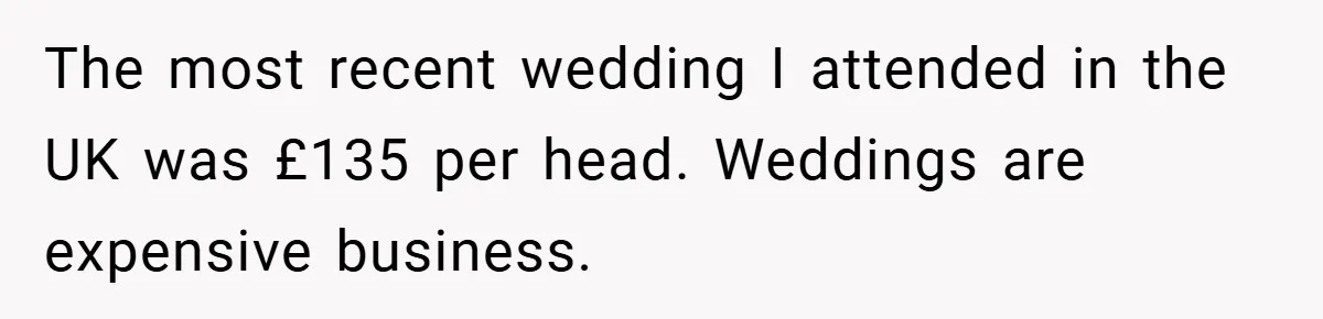 The most recent wedding I attended in the UK was £135 per head. Weddings are expensive business.