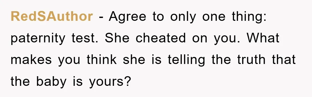 RedSAuthor − Agree to only one thing: paternity test. She cheated on you. What makes you think she is telling the truth that the baby is yours?