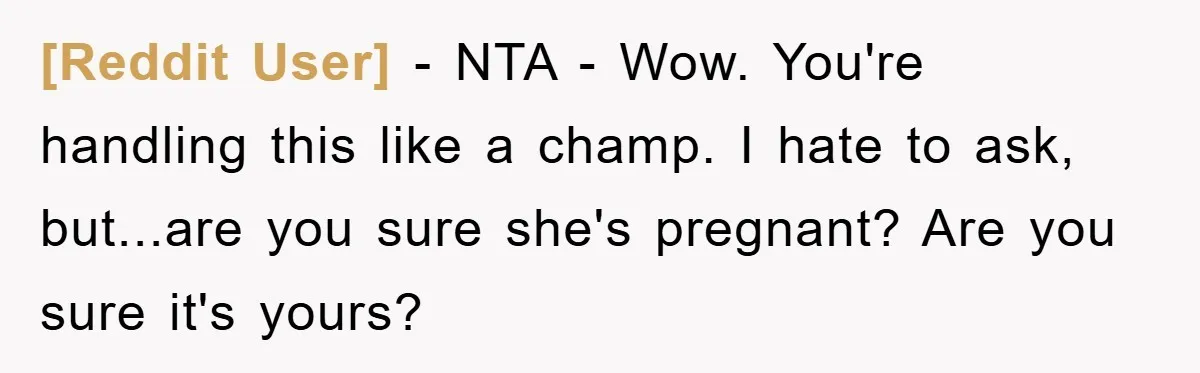 [Reddit User] − NTA - Wow. You're handling this like a champ. I hate to ask, but...are you sure she's pregnant? Are you sure it's yours?