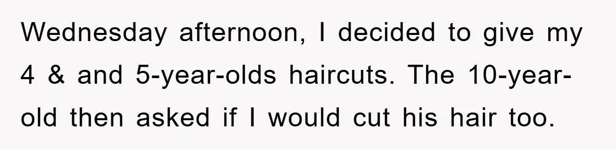 Stepmom Cuts Her Stepson’s Hair At His Request, But His Mother Sees It As An Act Of Defiance Wednesday afternoon, I decided to give my 4 & and 5-year-olds haircuts. The 10-year-old then asked if I would cut his hair too.