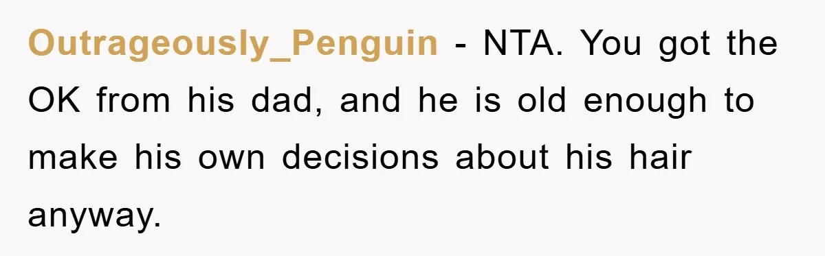 Stepmom Cuts Her Stepson’s Hair At His Request, But His Mother Sees It As An Act Of Defiance Outrageously_Penguin − NTA. You got the OK from his dad, and he is old enough to make his own decisions about his hair anyway.