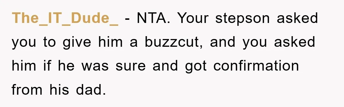 Stepmom Cuts Her Stepson’s Hair At His Request, But His Mother Sees It As An Act Of Defiance The_IT_Dude_ − NTA. Your stepson asked you to give him a buzzcut, and you asked him if he was sure and got confirmation from his dad.