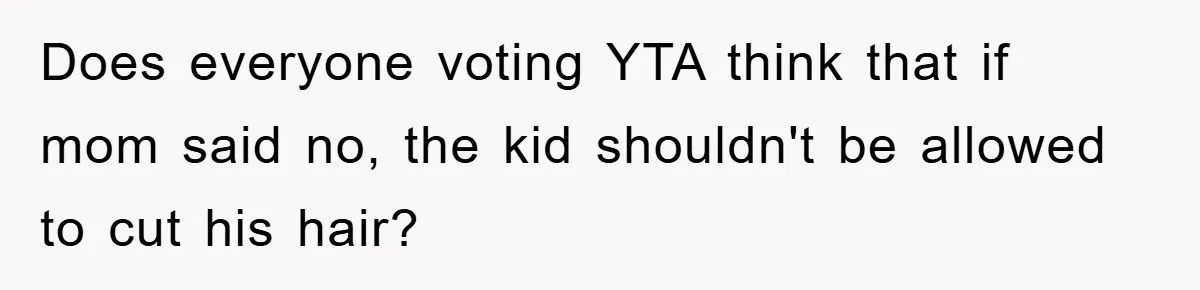 Stepmom Cuts Her Stepson’s Hair At His Request, But His Mother Sees It As An Act Of Defiance Does everyone voting YTA think that if mom said no, the kid shouldn't be allowed to cut his hair?