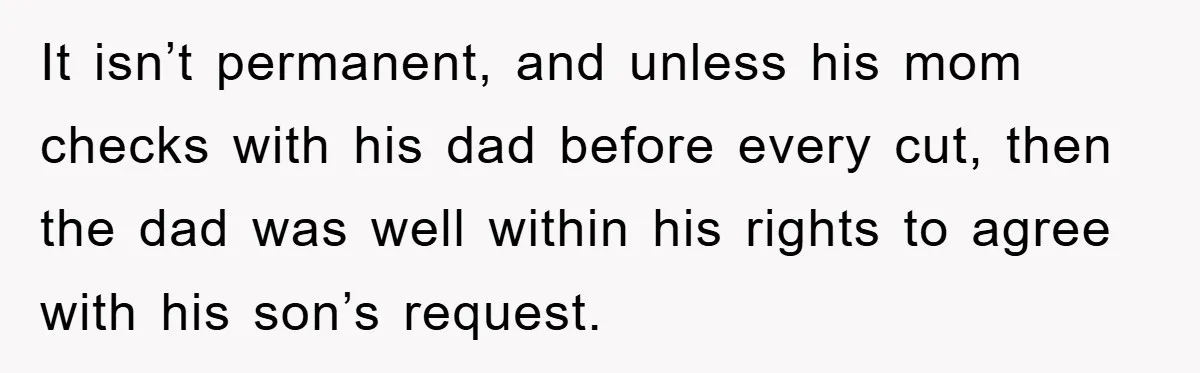 Stepmom Cuts Her Stepson’s Hair At His Request, But His Mother Sees It As An Act Of Defiance It isn’t permanent, and unless his mom checks with his dad before every cut, then the dad was well within his rights to agree with his son’s request.