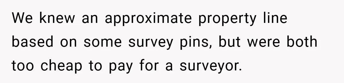 We knew an approximate property line based on some survey pins, but were both too cheap to pay for a surveyor.