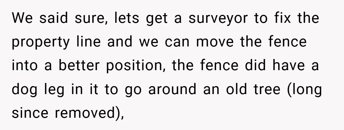 We said sure, lets get a surveyor to fix the property line and we can move the fence into a better position, the fence did have a dog leg in...