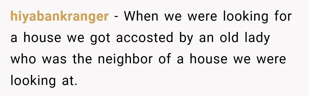 hiyabankranger − When we were looking for a house we got accosted by an old lady who was the neighbor of a house we were looking at.