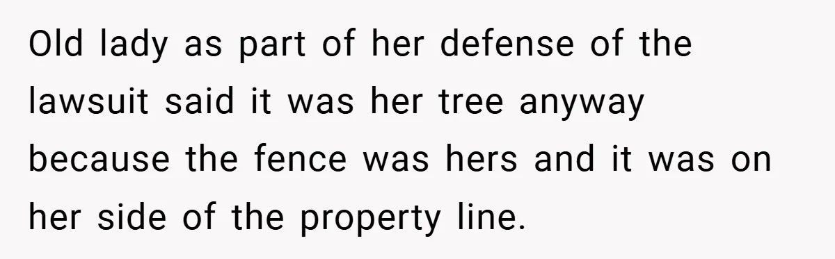 Old lady as part of her defense of the lawsuit said it was her tree anyway because the fence was hers and it was on her side of the property...