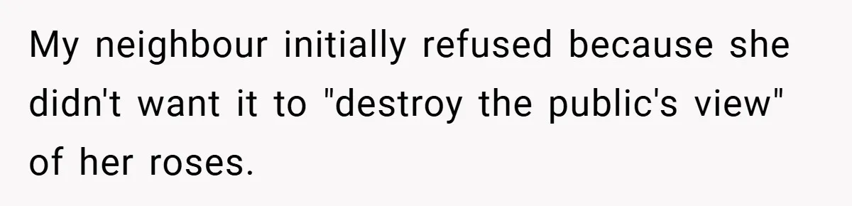 My neighbour initially refused because she didn't want it to "destroy the public's view" of her roses.