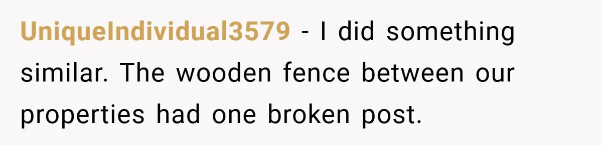 UniqueIndividual3579 − I did something similar. The wooden fence between our properties had one broken post.