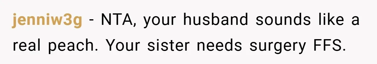 jenniw3g − NTA, your husband sounds like a real peach. Your sister needs surgery FFS.