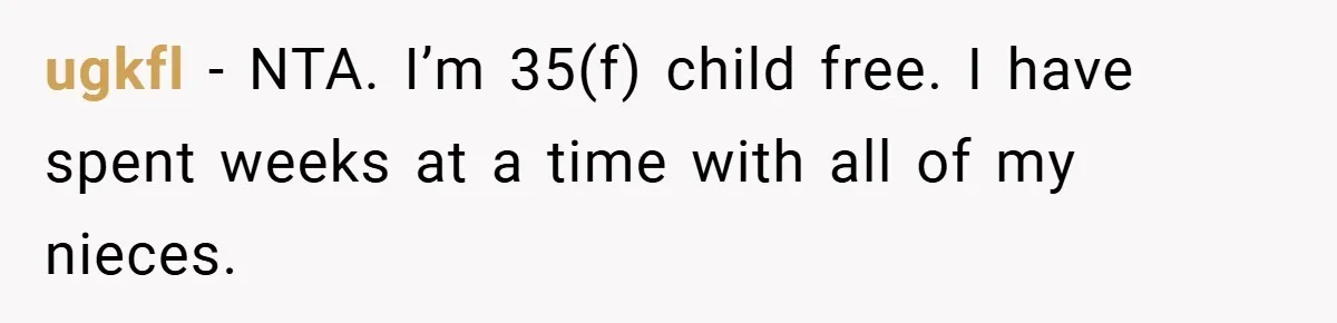 ugkfl − NTA. I’m 35(f) child free. I have spent weeks at a time with all of my nieces.