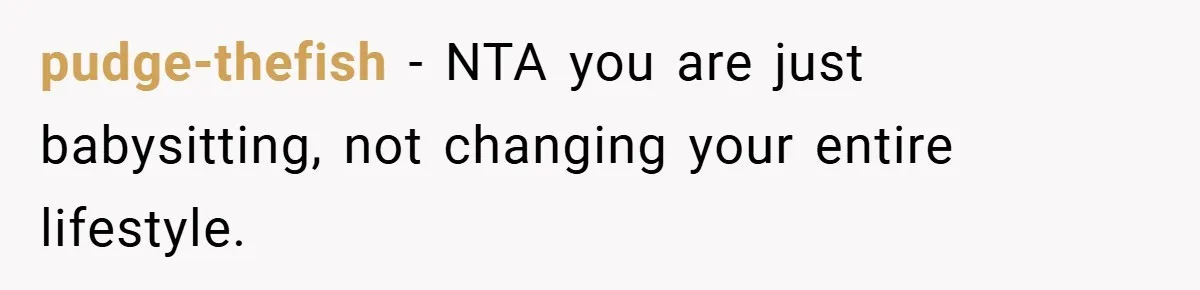 pudge-thefish − NTA you are just babysitting, not changing your entire lifestyle.