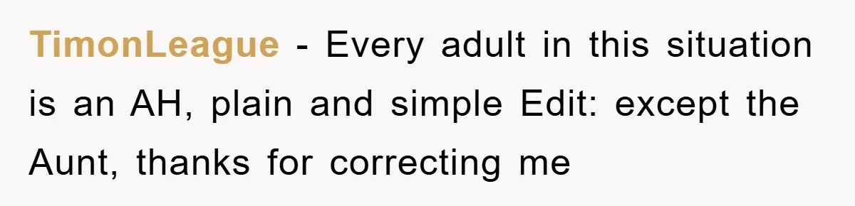 TimonLeague − Every adult in this situation is an AH, plain and simple Edit: except the Aunt, thanks for correcting me