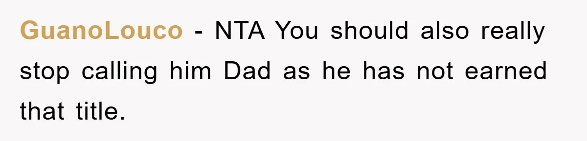GuanoLouco − NTA You should also really stop calling him Dad as he has not earned that title.
