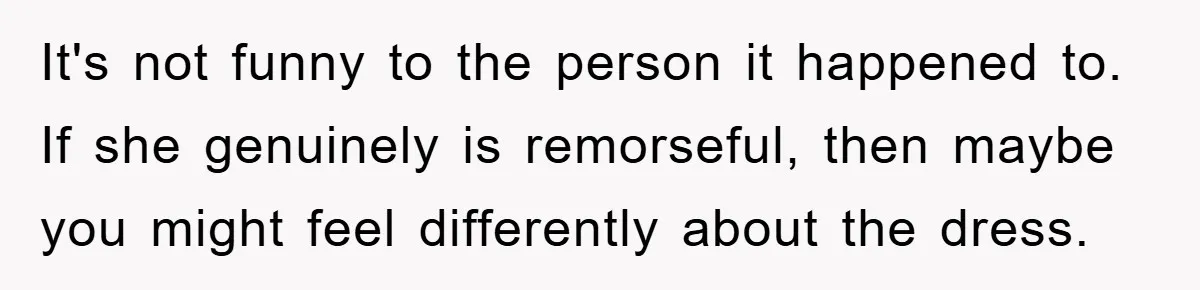 It's not funny to the person it happened to. If she genuinely is remorseful, then maybe you might feel differently about the dress.