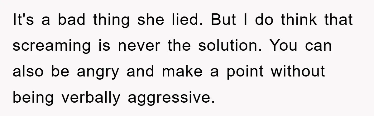 It's a bad thing she lied. But I do think that screaming is never the solution. You can also be angry and make a point without being verbally aggressive.