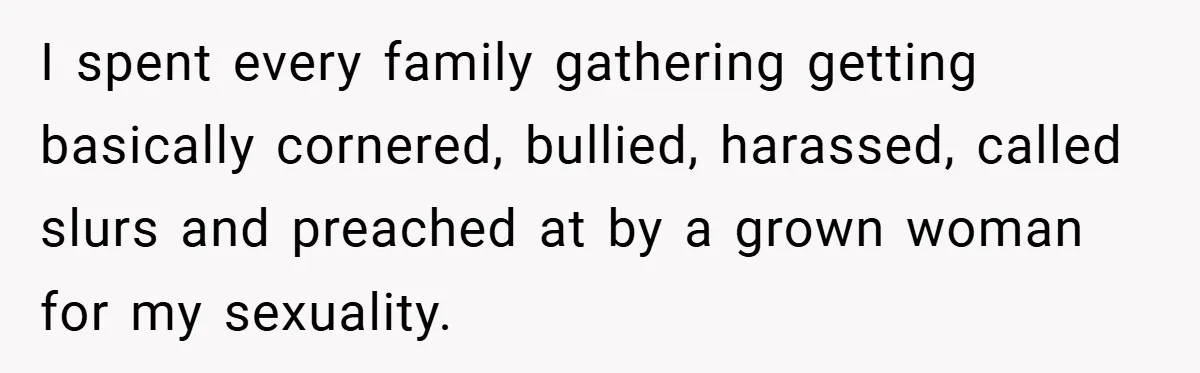 I spent every family gathering getting basically cornered, bullied, harassed, called slurs and preached at by a grown woman for my sexuality.