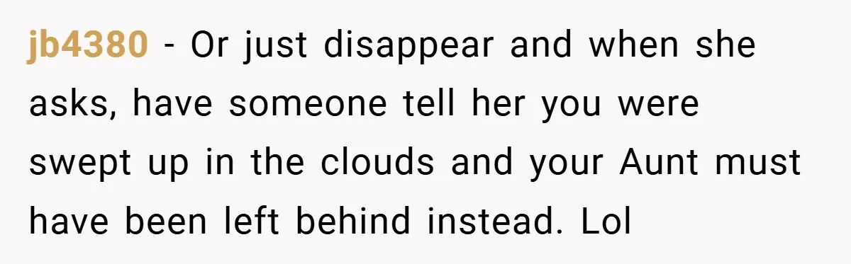 jb4380 − Or just disappear and when she asks, have someone tell her you were swept up in the clouds and your Aunt must have been left behind instead. Lol