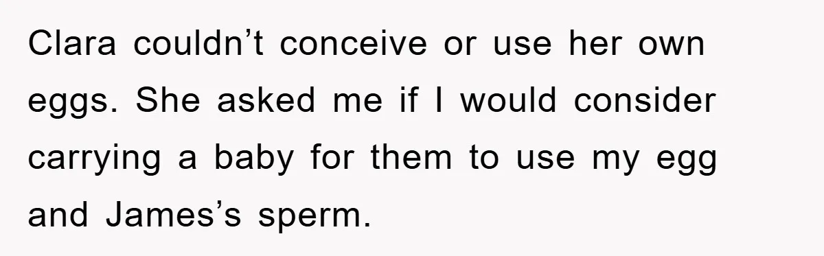 Clara couldn’t conceive or use her own eggs. She asked me if I would consider carrying a baby for them to use my egg and James’s sperm.