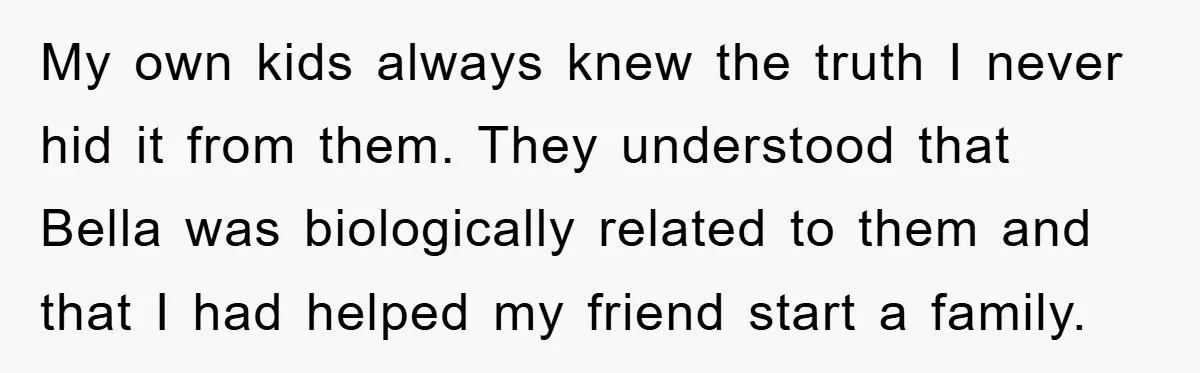My own kids always knew the truth I never hid it from them. They understood that Bella was biologically related to them and that I had helped my friend start...