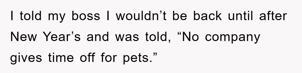 I told my boss I wouldn’t be back until after New Year’s and was told, “No company gives time off for pets.”