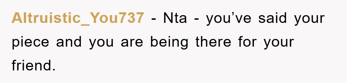 Altruistic_You737 − Nta - you’ve said your piece and you are being there for your friend.