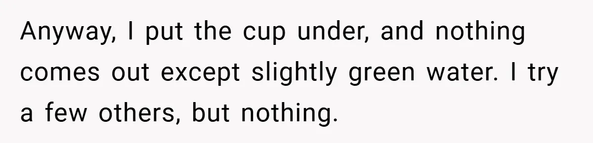 Anyway, I put the cup under, and nothing comes out except slightly green water. I try a few others, but nothing.