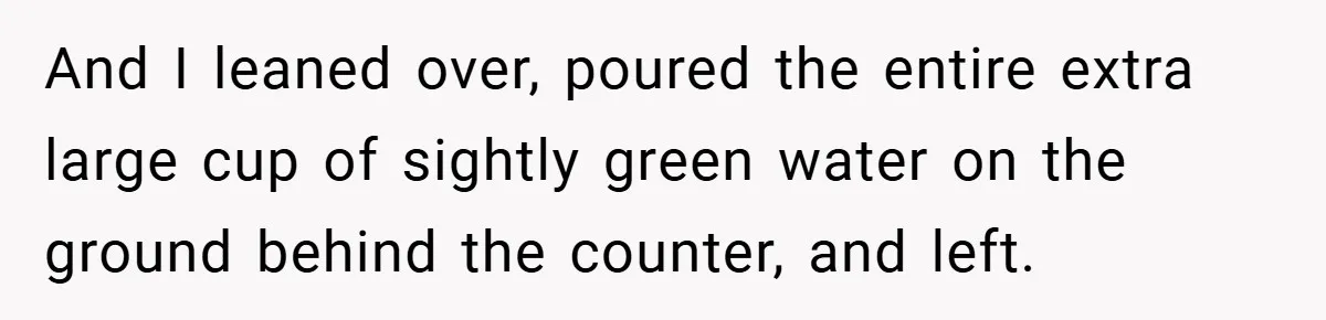 And I leaned over, poured the entire extra large cup of sightly green water on the ground behind the counter, and left.