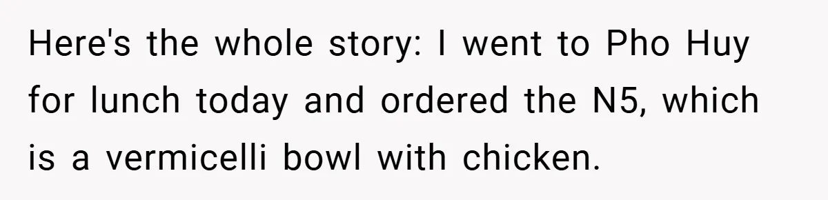 Here's the whole story: I went to Pho Huy for lunch today and ordered the N5, which is a vermicelli bowl with chicken.
