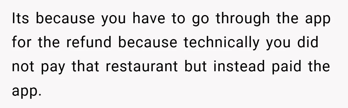 Its because you have to go through the app for the refund because technically you did not pay that restaurant but instead paid the app.