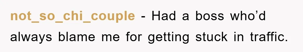 not_so_chi_couple − Had a boss who’d always blame me for getting stuck in traffic.