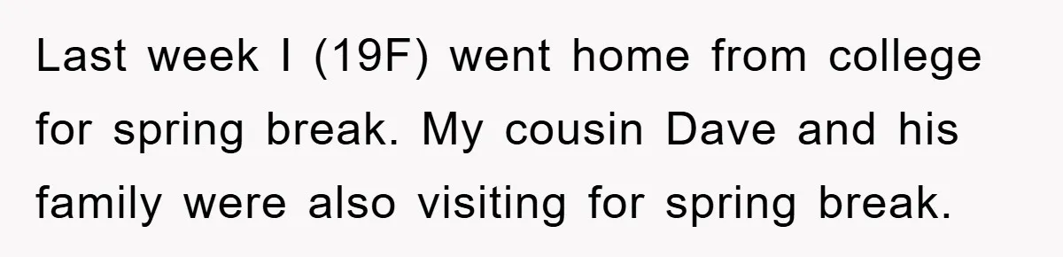 Last week I (19F) went home from college for spring break. My cousin Dave and his family were also visiting for spring break.