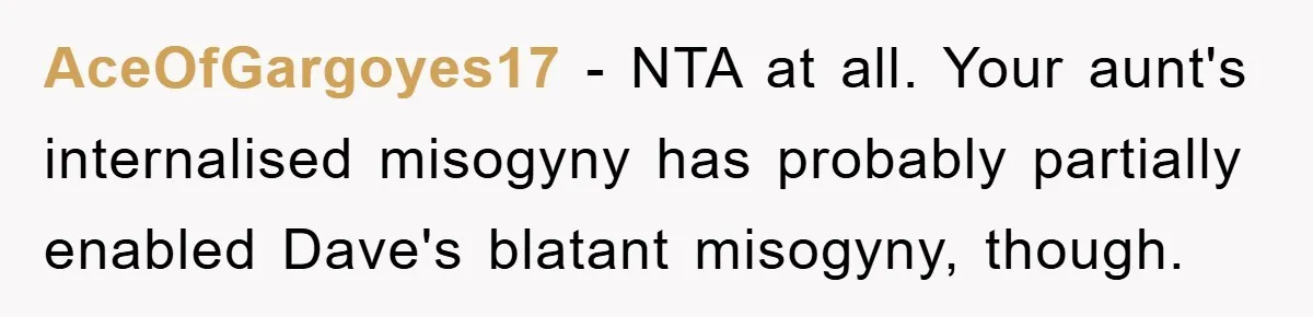 AceOfGargoyes17 − NTA at all. Your aunt's internalised misogyny has probably partially enabled Dave's blatant misogyny, though.