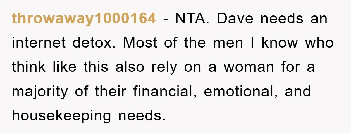 throwaway1000164 − NTA. Dave needs an internet detox. Most of the men I know who think like this also rely on a woman for a majority of their financial, emotional,...