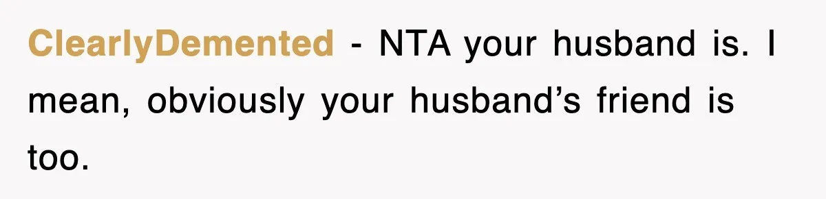 ClearlyDemented − NTA your husband is. I mean, obviously your husband’s friend is too.