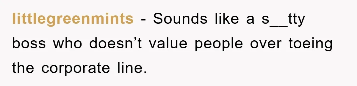littlegreenmints − Sounds like a s__tty boss who doesn’t value people over toeing the corporate line.