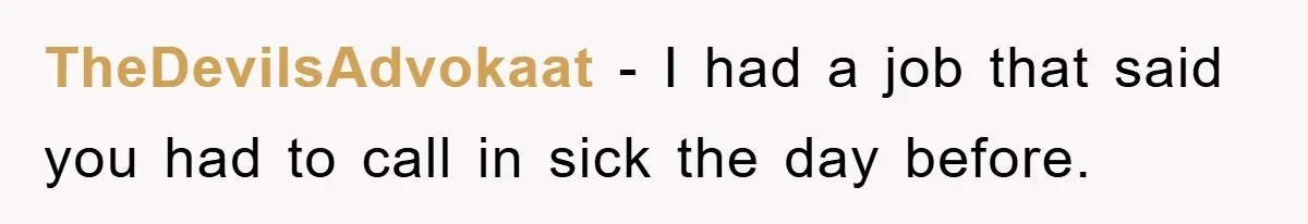 TheDevilsAdvokaat − I had a job that said you had to call in sick the day before.