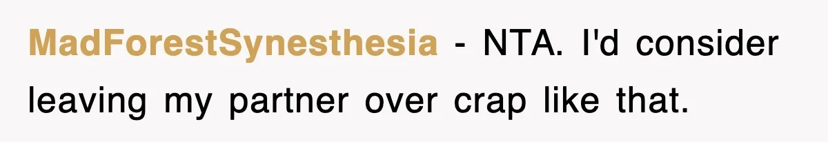 MadForestSynesthesia − NTA. I'd consider leaving my partner over crap like that.