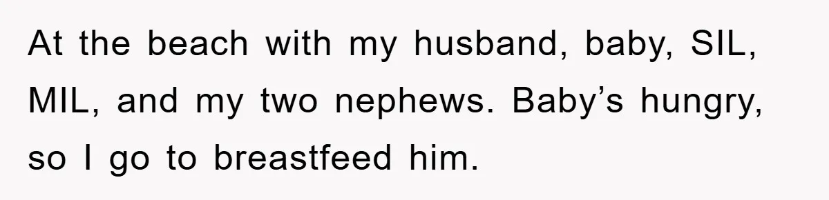 At the beach with my husband, baby, SIL, MIL, and my two nephews. Baby’s hungry, so I go to breastfeed him.