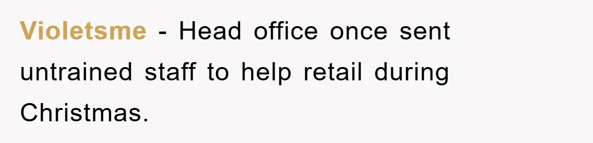 Violetsme − Head office once sent untrained staff to help retail during Christmas.
