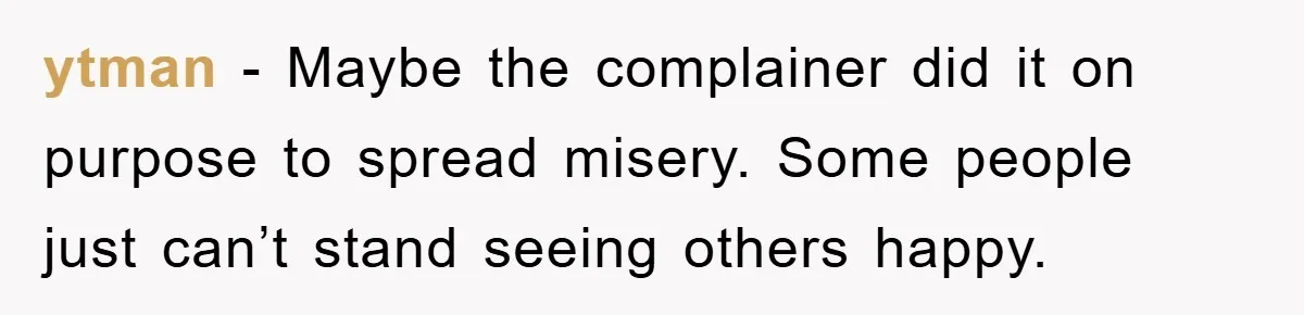 ytman − Maybe the complainer did it on purpose to spread misery. Some people just can’t stand seeing others happy.