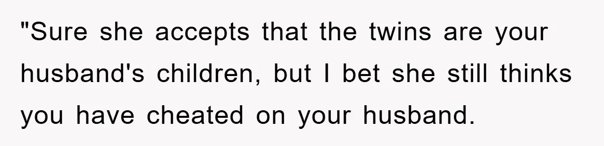 "Sure she accepts that the twins are your husband's children, but I bet she still thinks you have cheated on your husband.